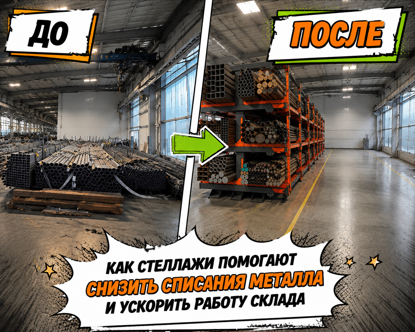 Склад металла до и после установки стеллажей